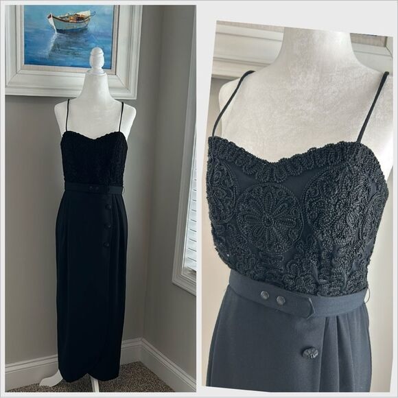 Vintage Dresses & Skirts - Vintage Kenar Dress Formal Sleeveless Black Maxi Crocheted Dress